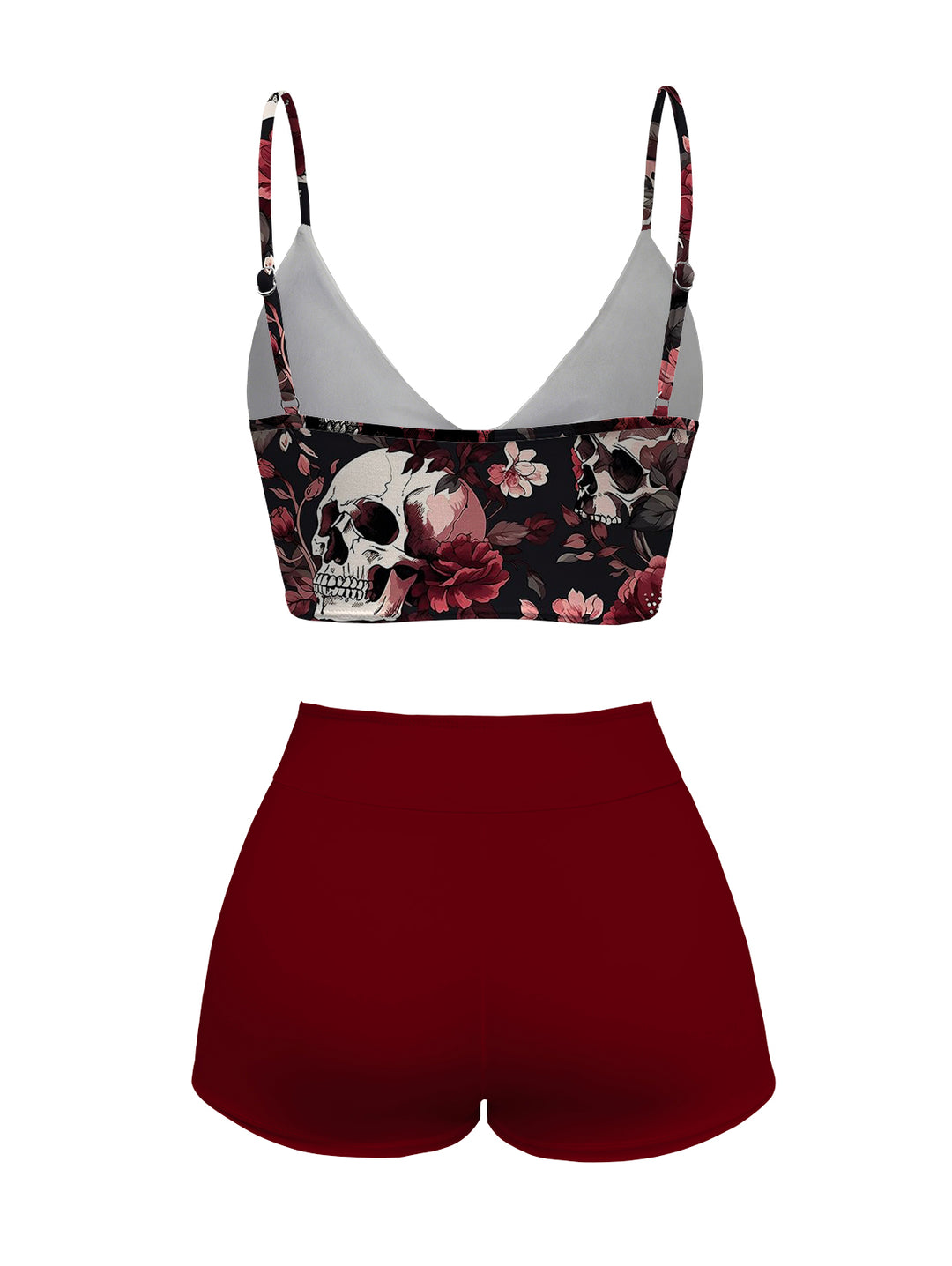 Goth Skull  Red Rose Pattern Cami Top & Shorts Tankini Two-Piece