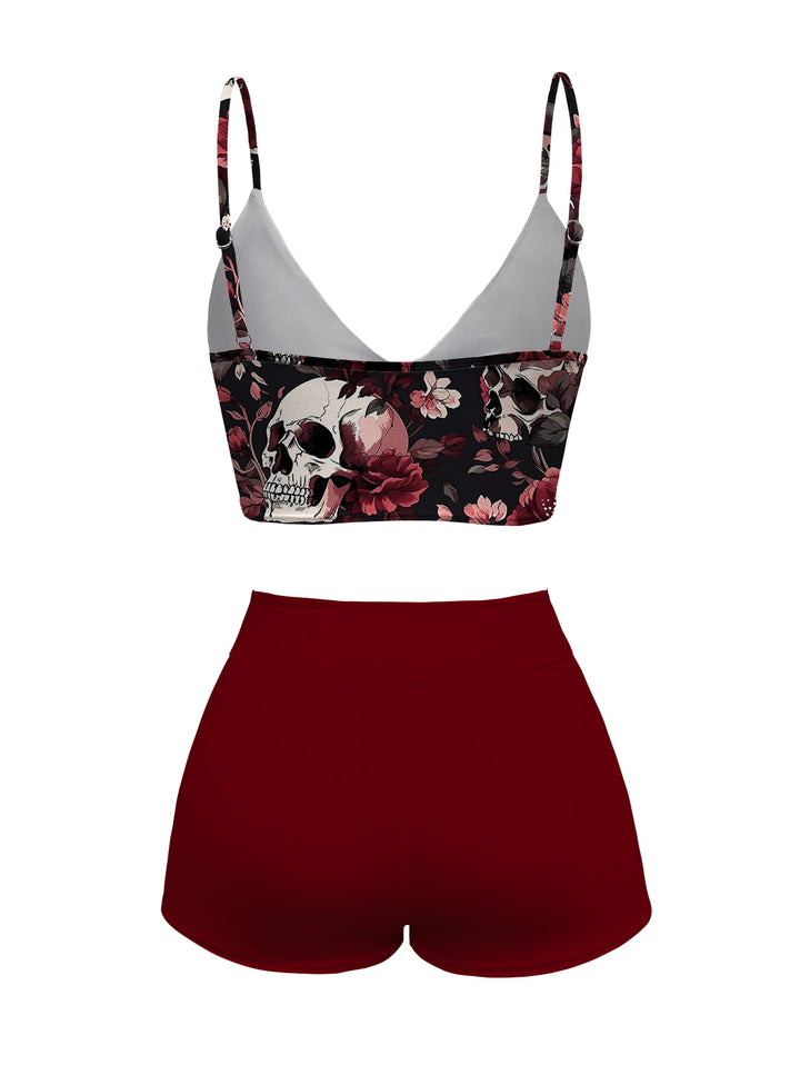 Goth Skull  Red Rose Pattern Cami Top & Shorts Tankini Two-Piece
