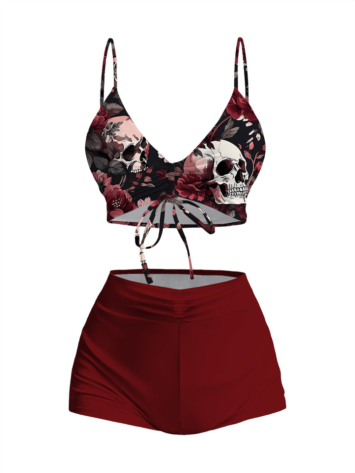 Goth Skull  Red Rose Pattern Cami Top & Shorts Tankini Two-Piece