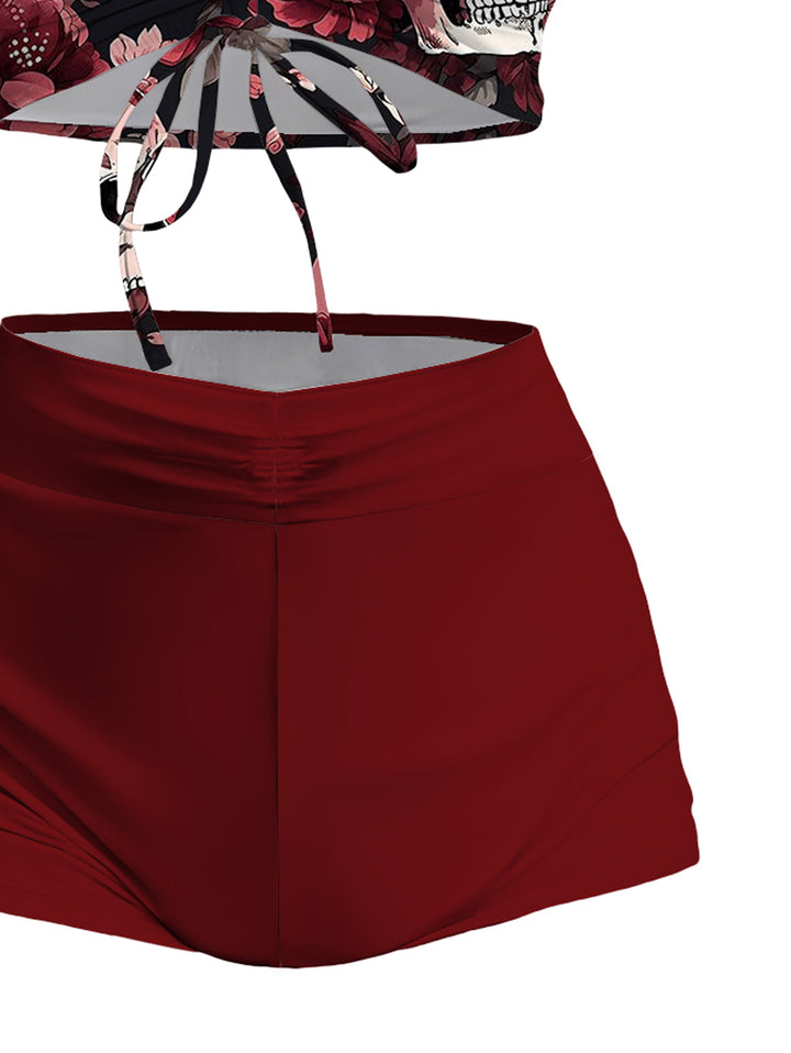 Goth Skull  Red Rose Pattern Cami Top & Shorts Tankini Two-Piece