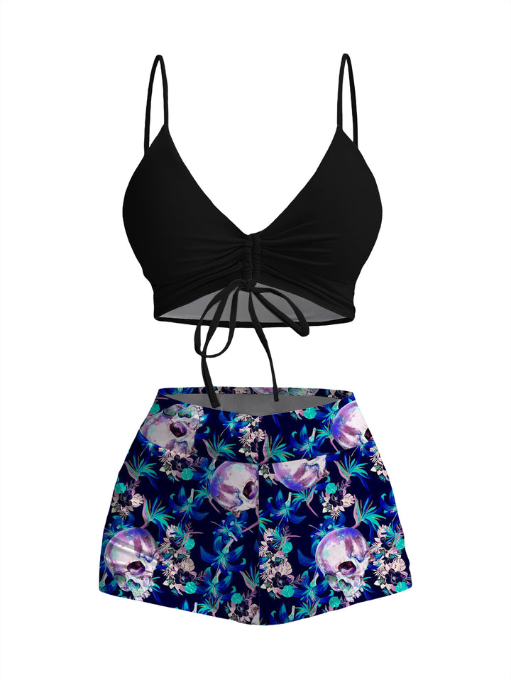 Gothic Black Drawstring Cami Top & Blue Skull Floral Print Tankini Swimsuit