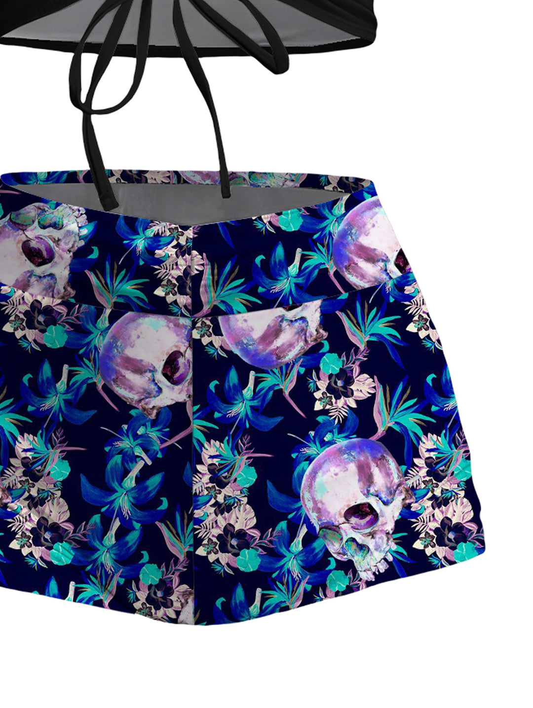 Gothic Black Drawstring Cami Top & Blue Skull Floral Print Tankini Swimsuit