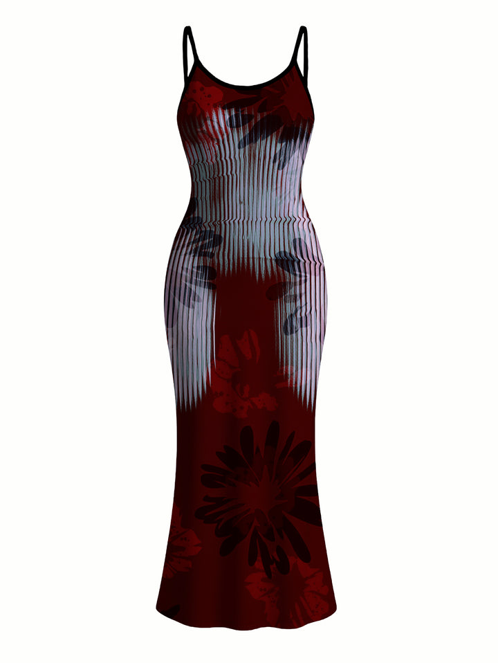 Vintage Burgundy Vertical Stripe Shadow Floral Print Spaghetti Strap Bodycon Maxi Dress