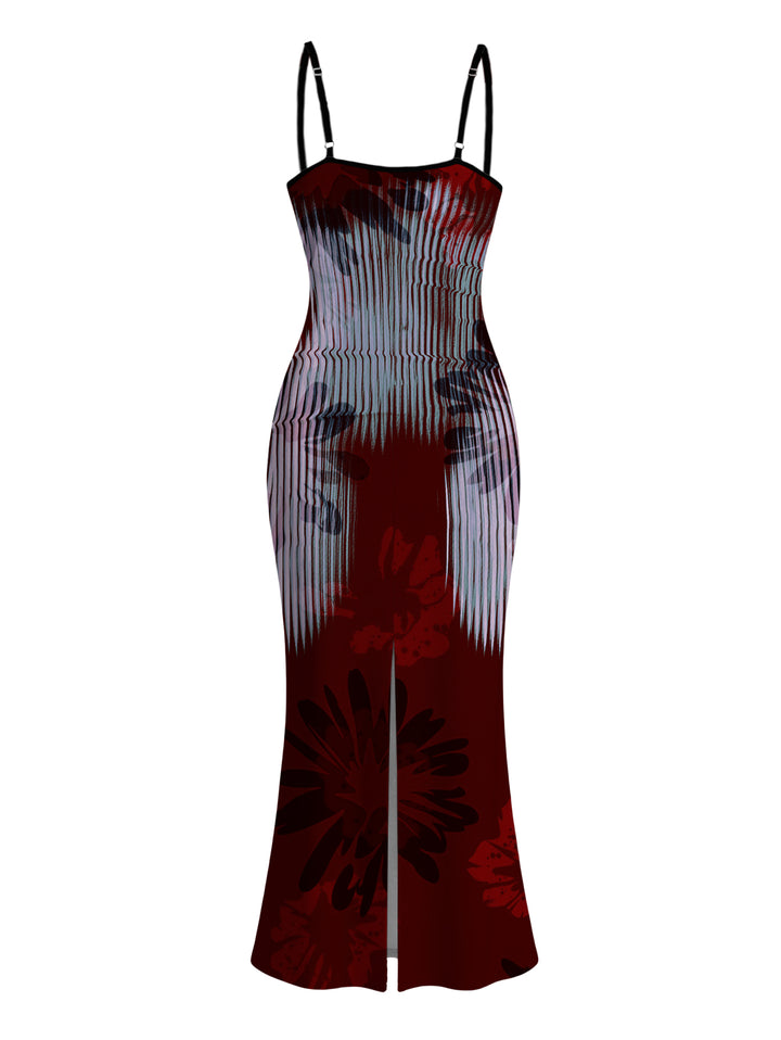 Vintage Burgundy Vertical Stripe Shadow Floral Print Spaghetti Strap Bodycon Maxi Dress