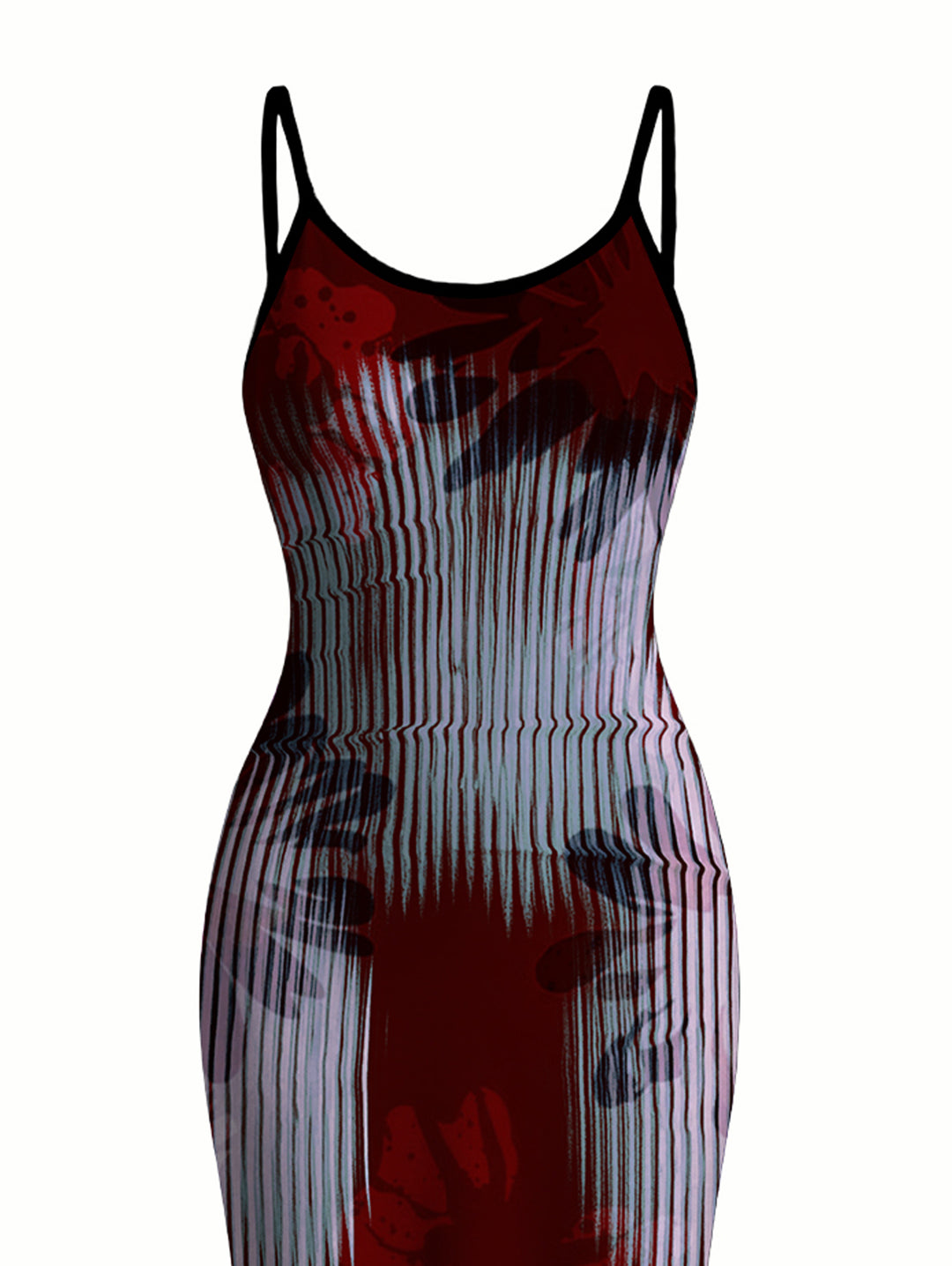 Vintage Burgundy Vertical Stripe Shadow Floral Print Spaghetti Strap Bodycon Maxi Dress