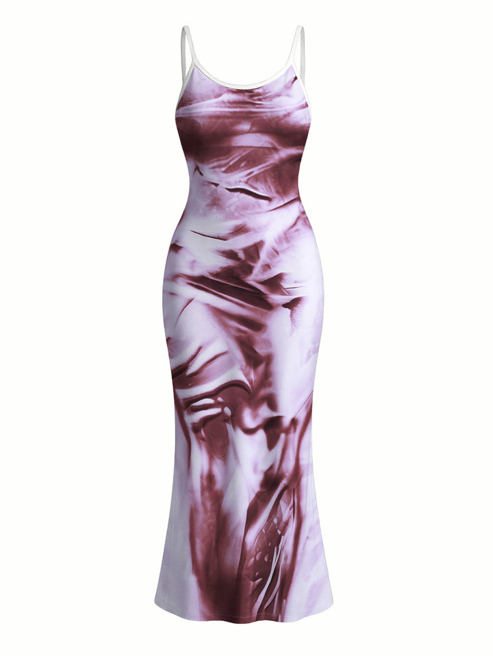 Soft Pink Burgundy Marble Fluid Print Spaghetti Strap Bodycon Mermaid Maxi Dress