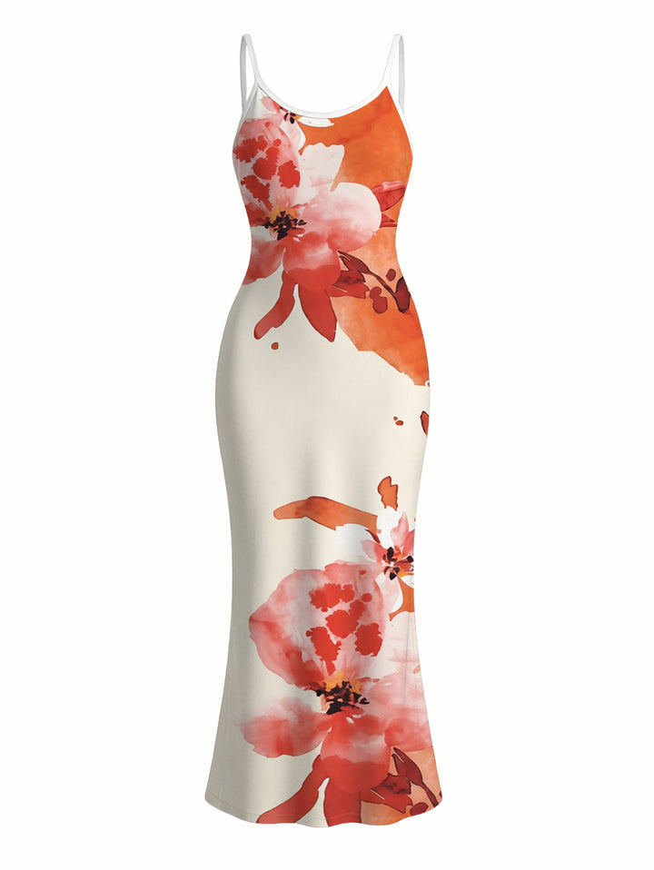 Vacation Dress Ink Painting Flower Print Spaghetti Strap Maxi Bodycon Dress