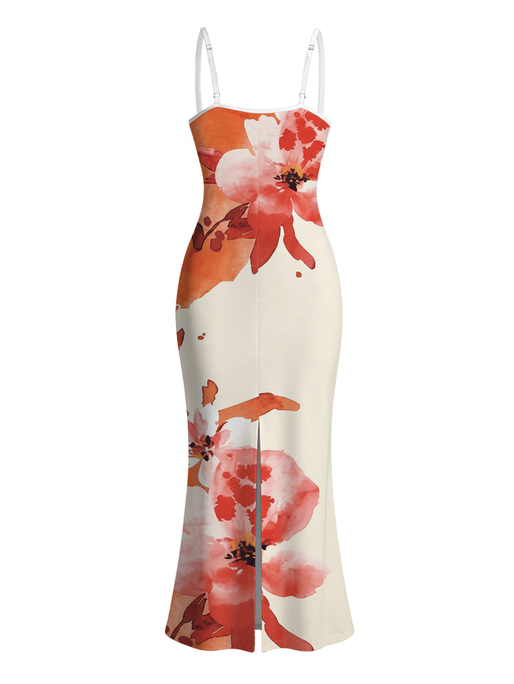 Vacation Dress Ink Painting Flower Print Spaghetti Strap Maxi Bodycon Dress