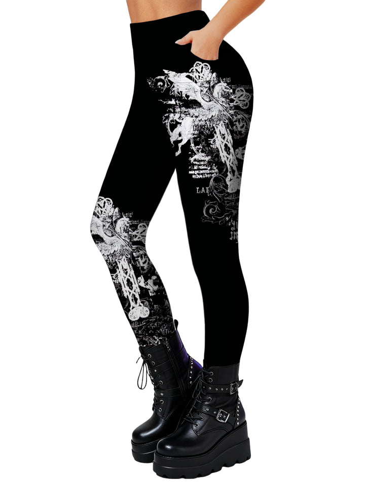 Grunge-style White Graphic Design Elastic High Waist Skinny Leggings