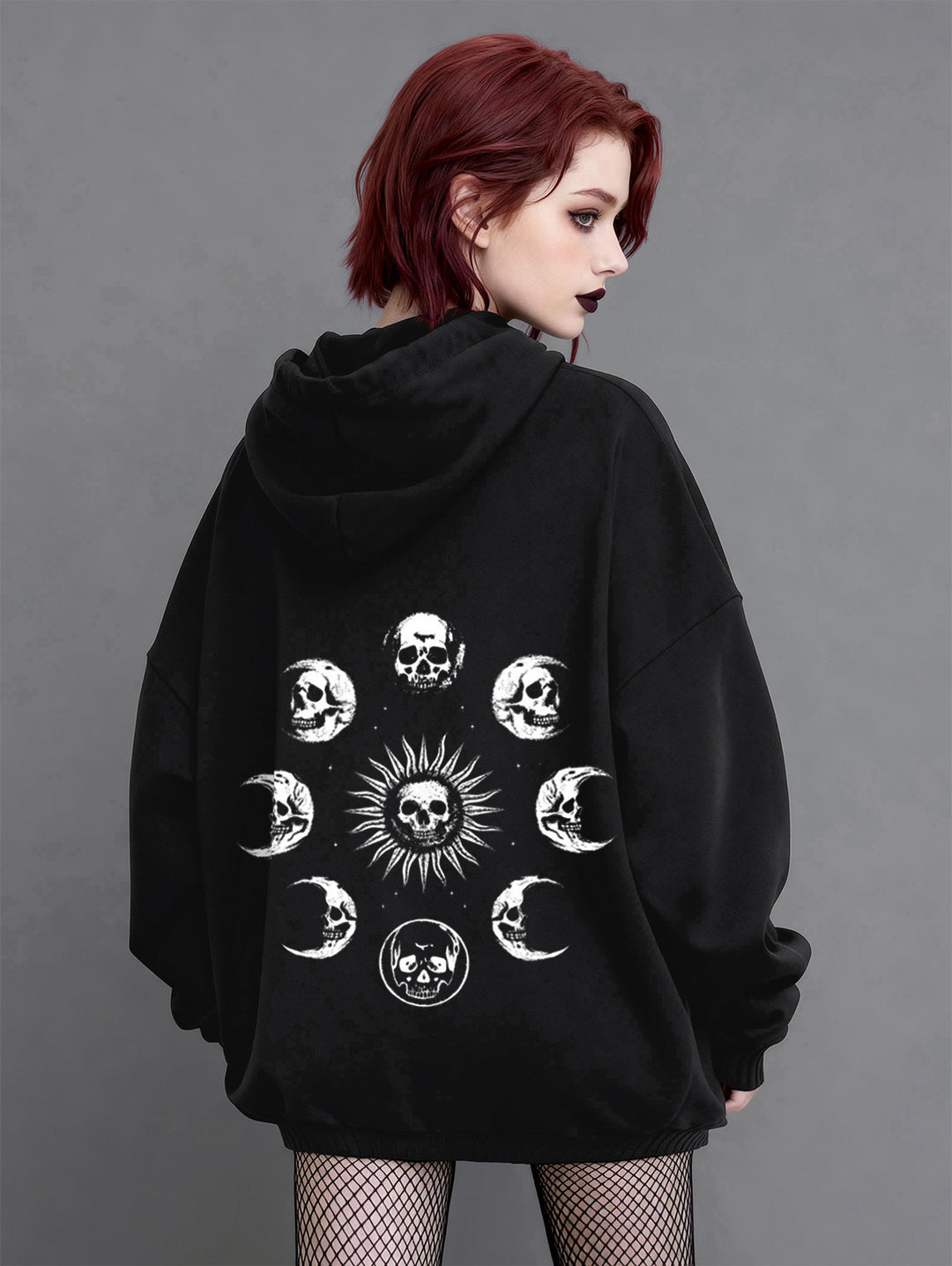 Gothic Oversized Hoodie-Lunar & Skull Print Long Sleeve Hooded Sweatshirt