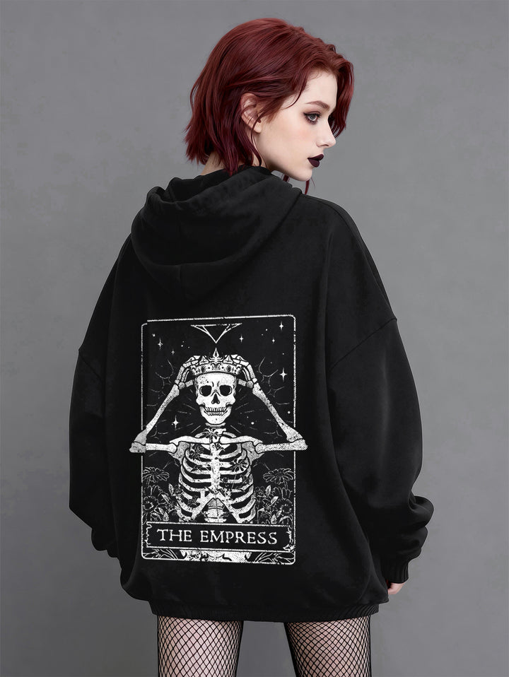 Gothic Oversized Hoodie-Tarot Skeleton Print Long Sleeve Hooded Sweatshirt
