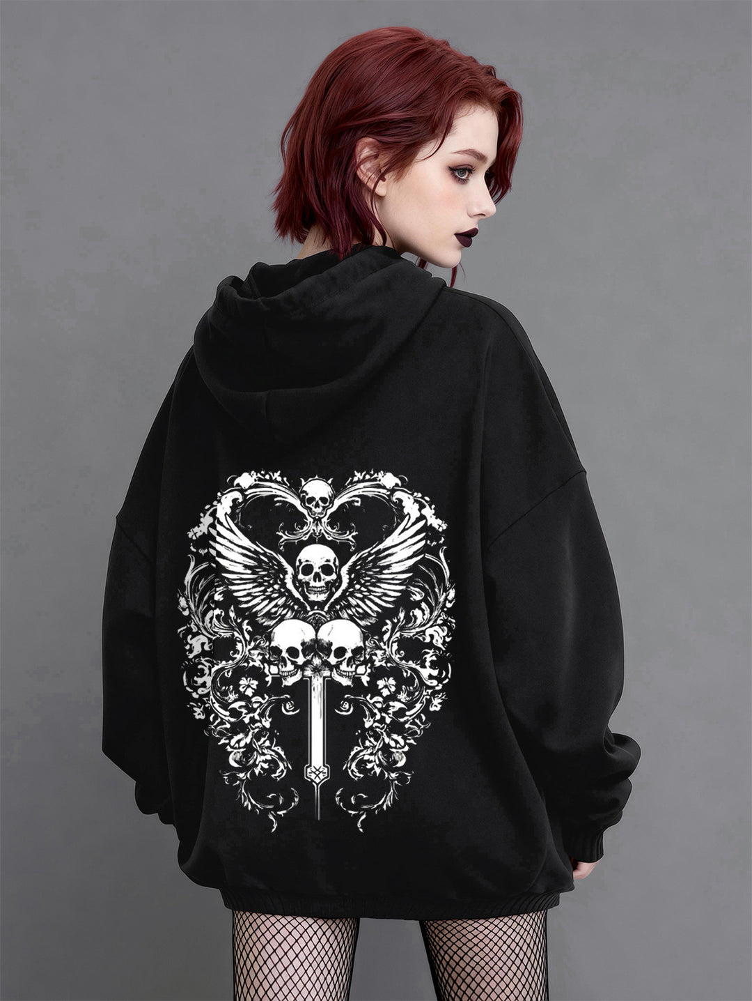 GothicOversized Hoodie-Skull & Cross Print Long Sleeve Hooded Sweatshirt