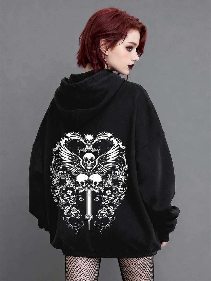 GothicOversized Hoodie-Skull & Cross Print Long Sleeve Hooded Sweatshirt