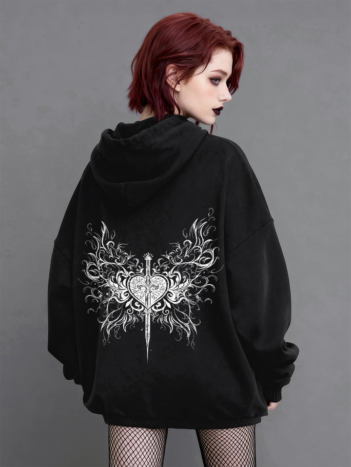 Gothic Oversized Hoodie-Sword Through Heart Print Long Sleeve Hooded Sweatshirt