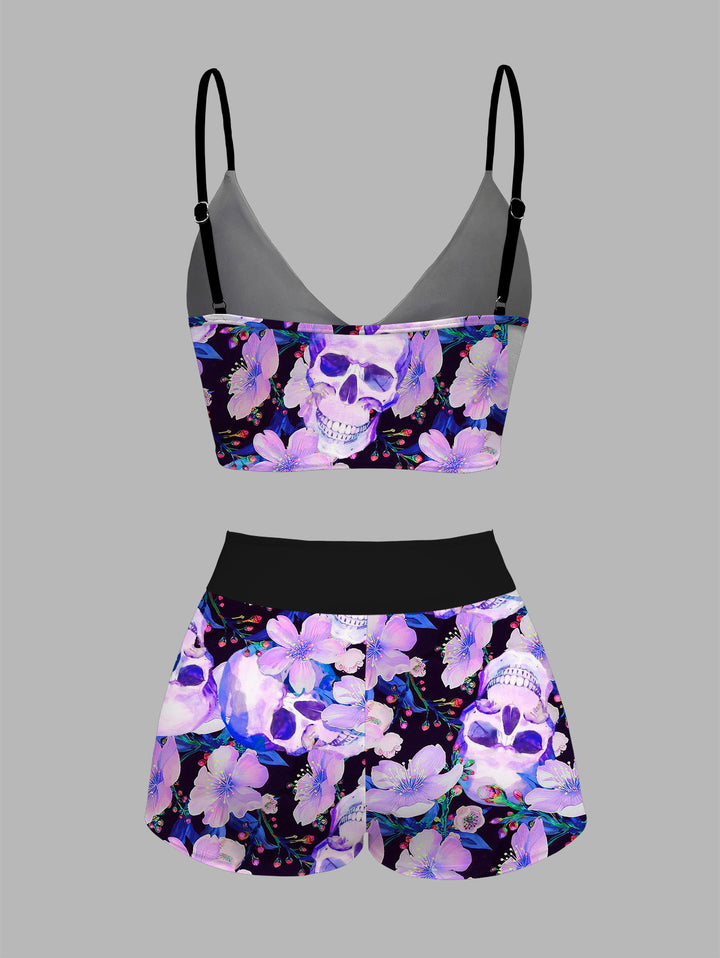 Dark Purple Hibiscus & Skull Print Tankini Two-Piece Swimsuit