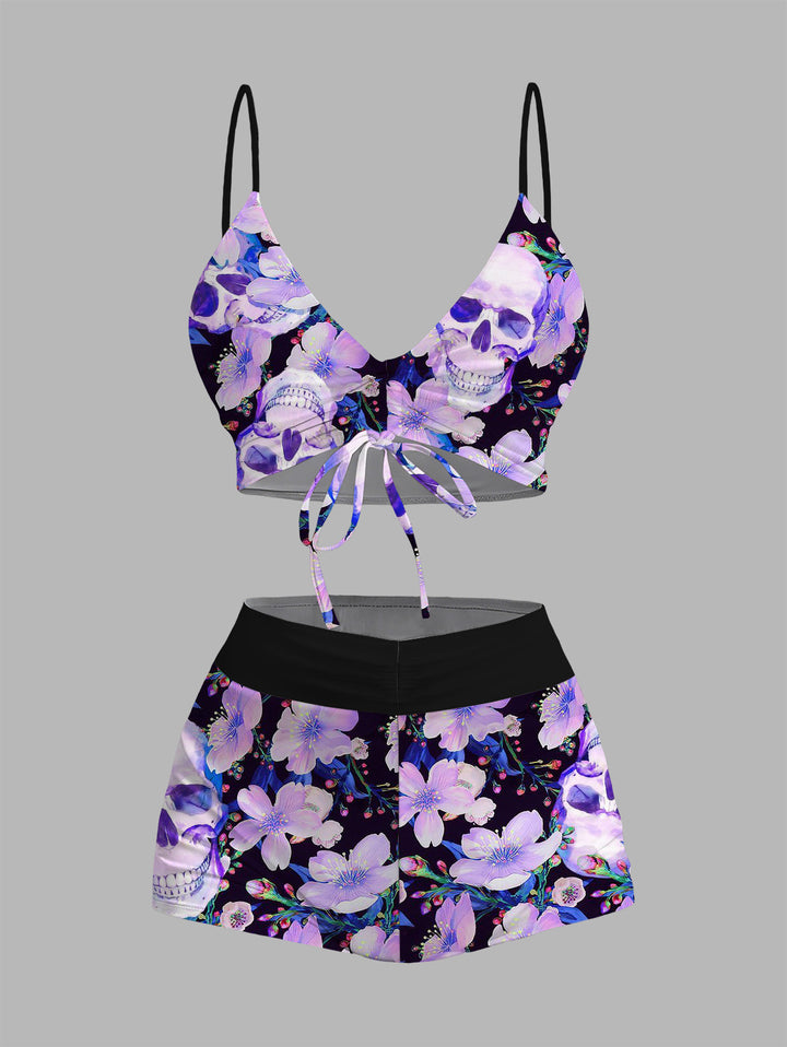 Dark Purple Hibiscus & Skull Print Tankini Two-Piece Swimsuit