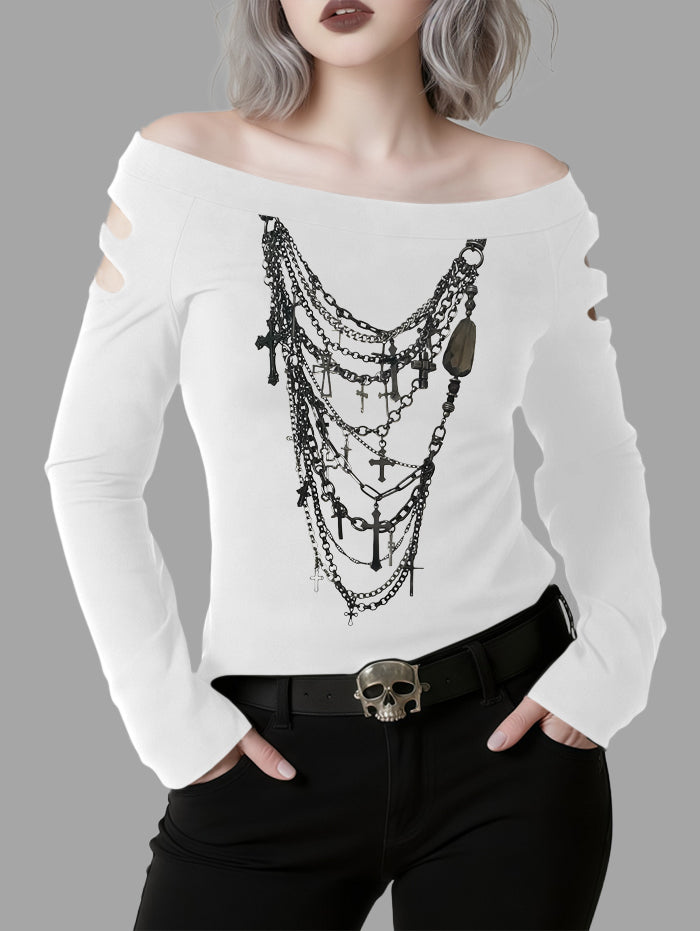 Gothic Cut-Out Shoulder Cross Chain Print Long Sleeve T Shirt