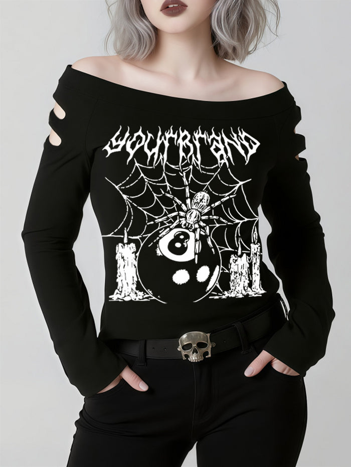 Gothic Cut-Out Shoulder Spider & 8 Ball Print Long Sleeve T Shirt