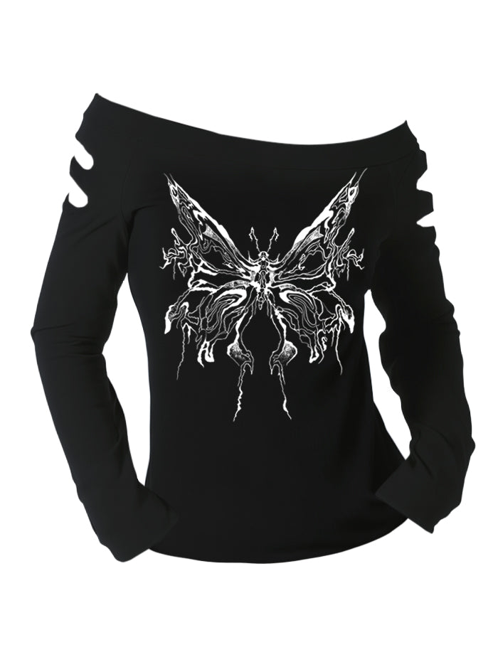 Gothic Cut-Out Shoulder Dead Butterfly Print Long Sleeve T Shirt