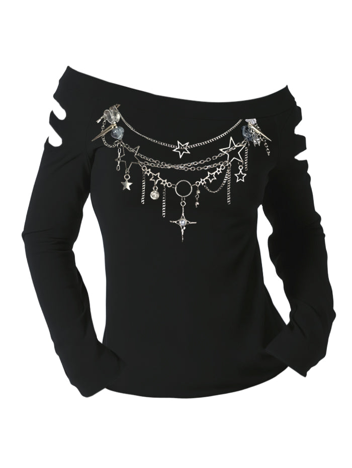 Gothic Cut-Out Shoulder Star Metal Chain Necklace Print Long Sleeve T Shirt