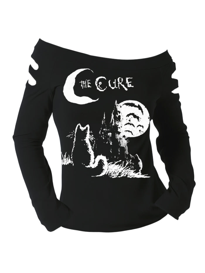 Gothic Cut-Out Shoulder Moon & Cat Print Long Sleeve T Shirt