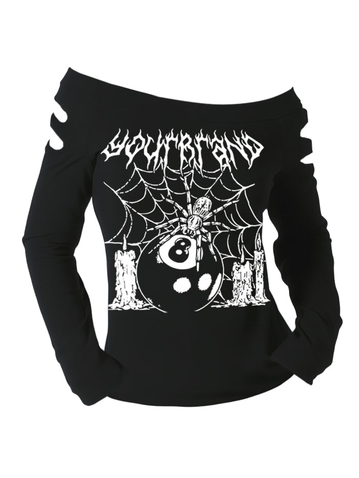 Gothic Cut-Out Shoulder Spider & 8 Ball Print Long Sleeve T Shirt