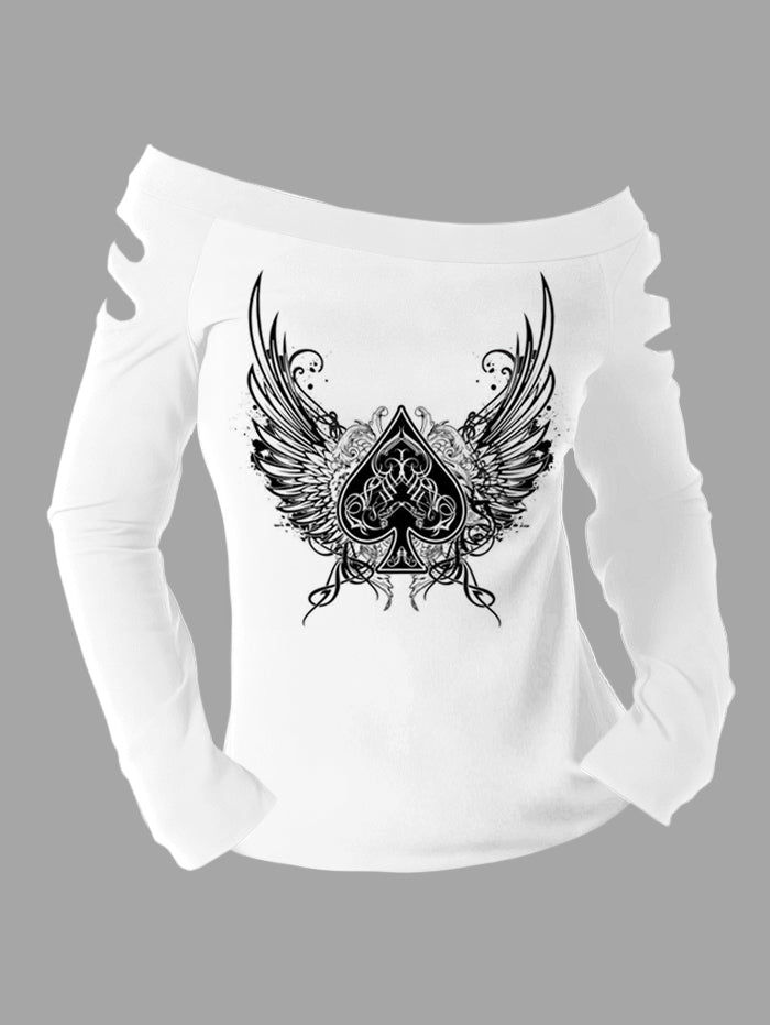 Gothic Cut-Out Shoulder Wings & Spade Print Long Sleeve T Shirt