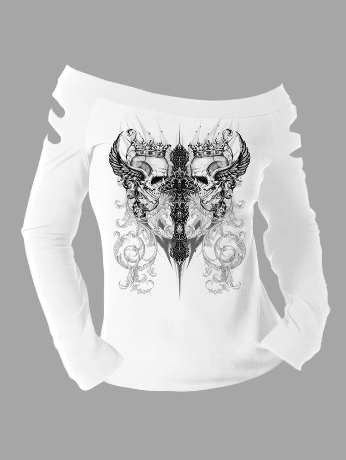 Baroque Style Cut-Out Shoulder Skulls & Crown Print Long Sleeve T Shirt