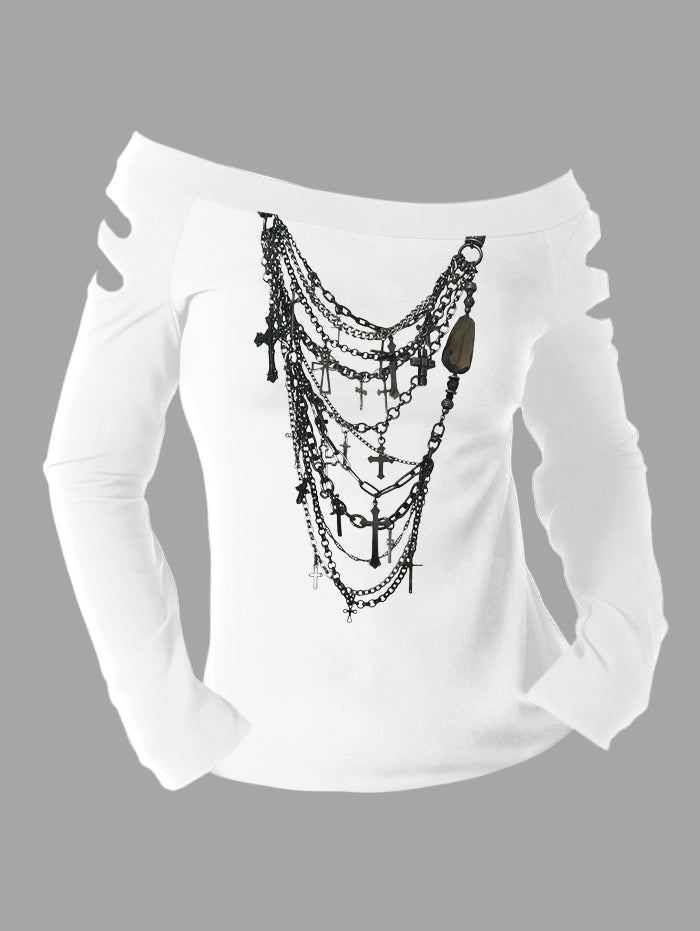 Gothic Cut-Out Shoulder Cross Chain Print Long Sleeve T Shirt