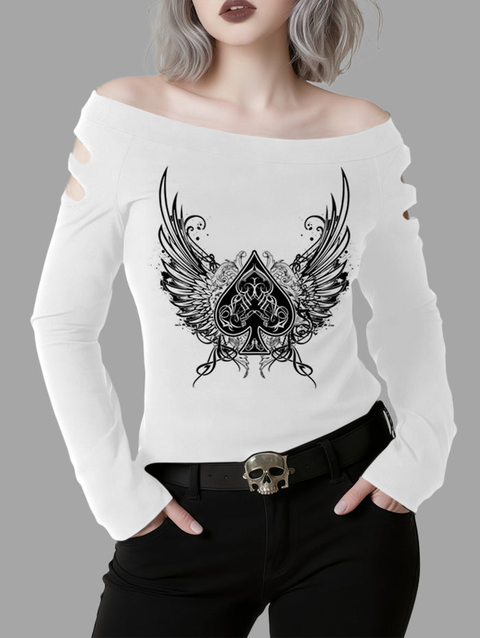 Gothic Cut-Out Shoulder Wings & Spade Print Long Sleeve T Shirt