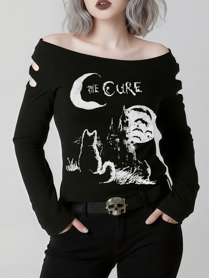 Gothic Cut-Out Shoulder Moon & Cat Print Long Sleeve T Shirt