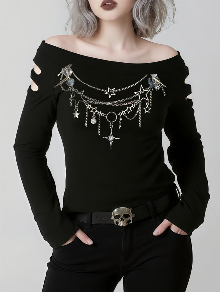 Gothic Cut-Out Shoulder Star Metal Chain Necklace Print Long Sleeve T Shirt