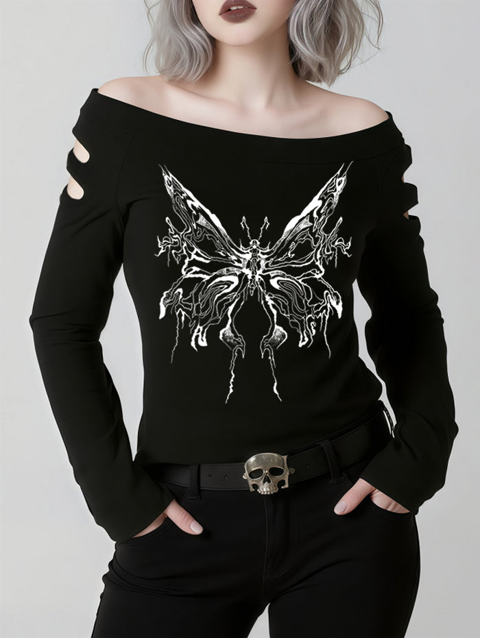 Gothic Cut-Out Shoulder Dead Butterfly Print Long Sleeve T Shirt
