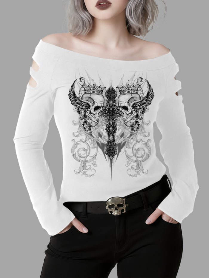 Baroque Style Cut-Out Shoulder Skulls & Crown Print Long Sleeve T Shirt