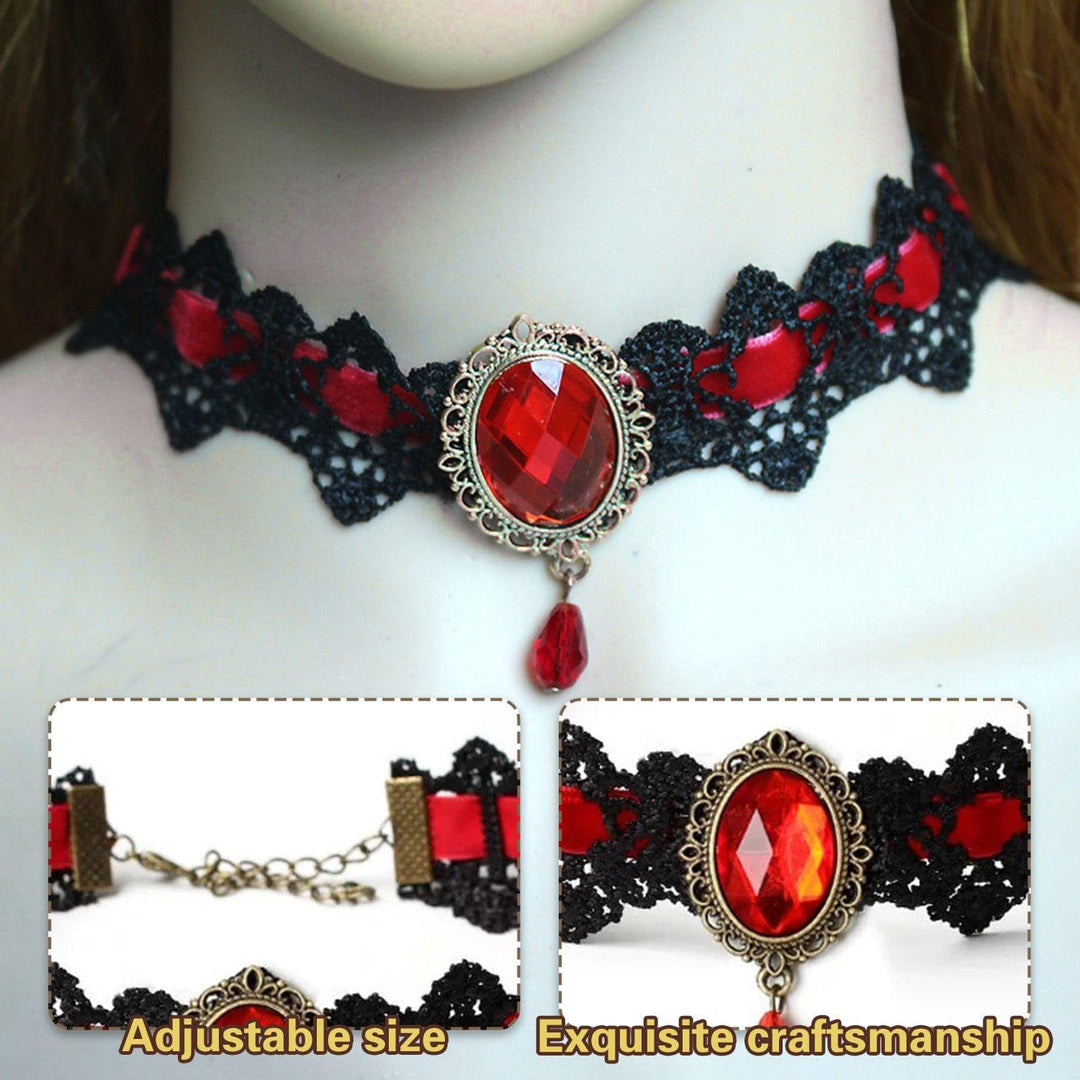 Gothic Choker Lace Colorblock Artificial Crystal Pendant Punk Necklace