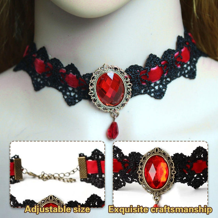 Gothic Choker Lace Colorblock Artificial Crystal Pendant Punk Necklace