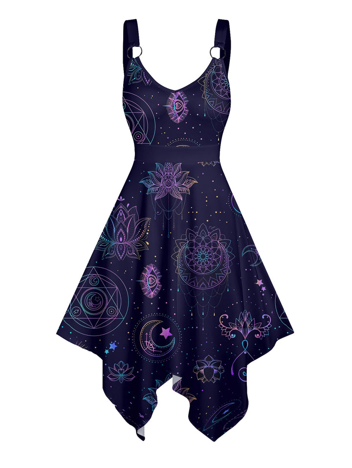 Witchy Night Sky with Moon, Stars & Lotus Print  Asymmetrical Hem Midi Dress