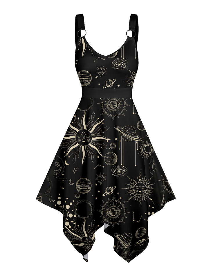 Witchy Summer Tarot Sun Moon Star Print Asymmetrical Hem Cami Dress