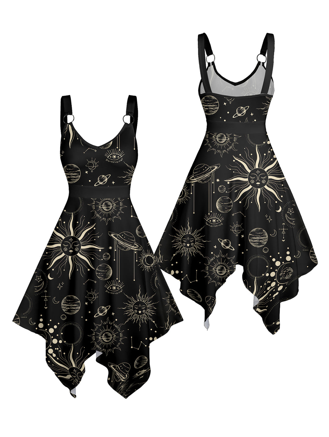 Witchy Summer Tarot Sun Moon Star Print Asymmetrical Hem Cami Dress
