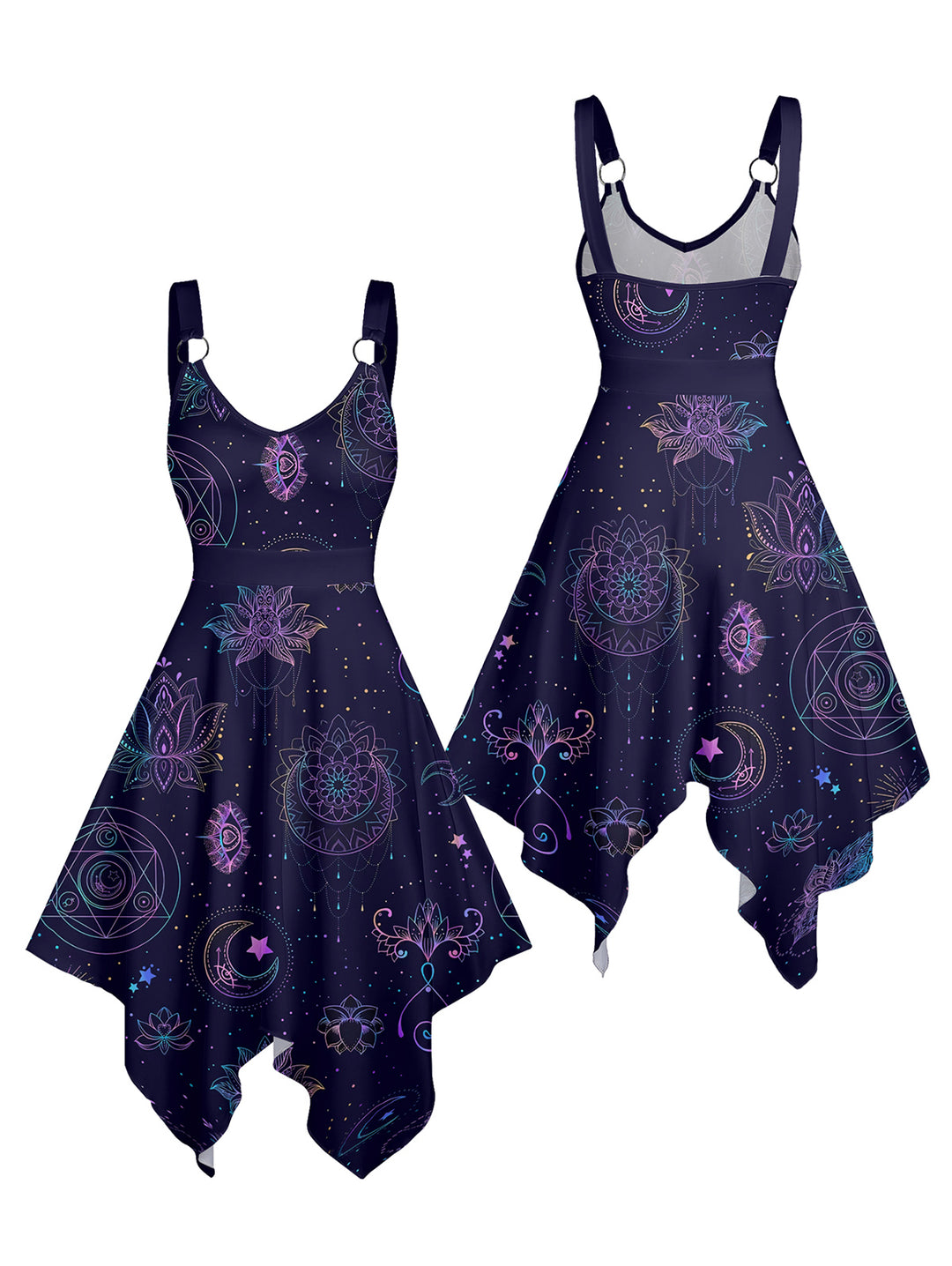 Witchy Night Sky with Moon, Stars & Lotus Print  Asymmetrical Hem Midi Dress