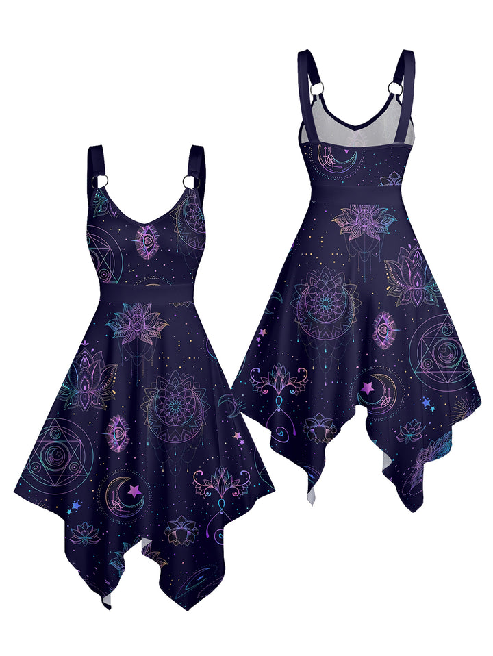 Witchy Night Sky with Moon, Stars & Lotus Print  Asymmetrical Hem Midi Dress