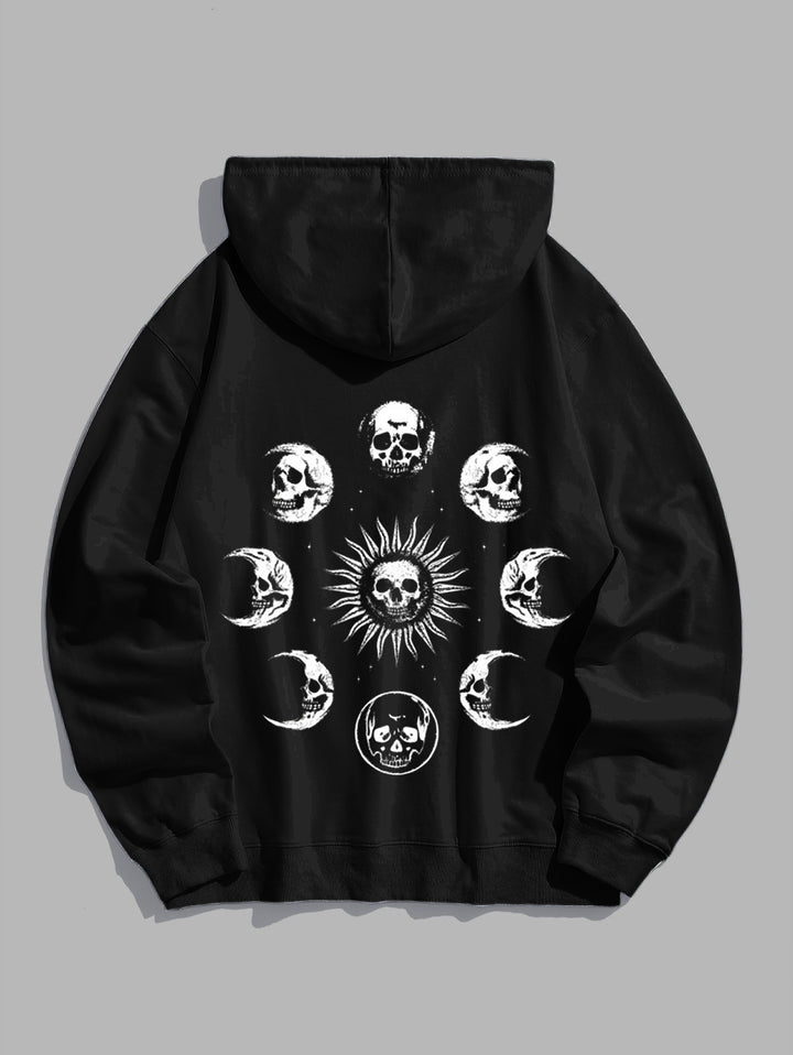 Gothic Oversized Hoodie-Lunar & Skull Print Long Sleeve Hooded Sweatshirt