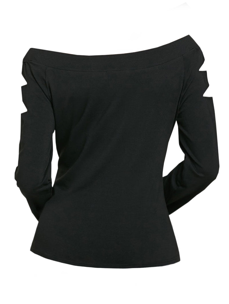 Gothic Cut-Out Shoulder Moon & Cat Print Long Sleeve T Shirt
