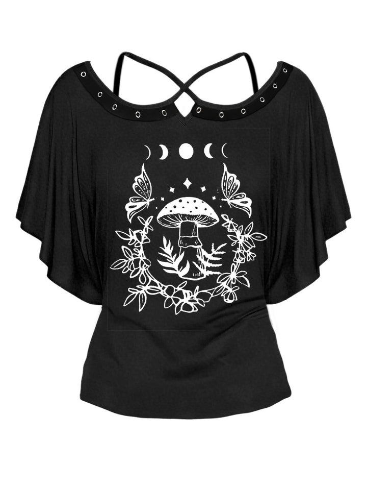 Witchy Style Rivet-Trimmed Moon & Mushroom Print Cross-Back Bat Sleeve T-Shirt