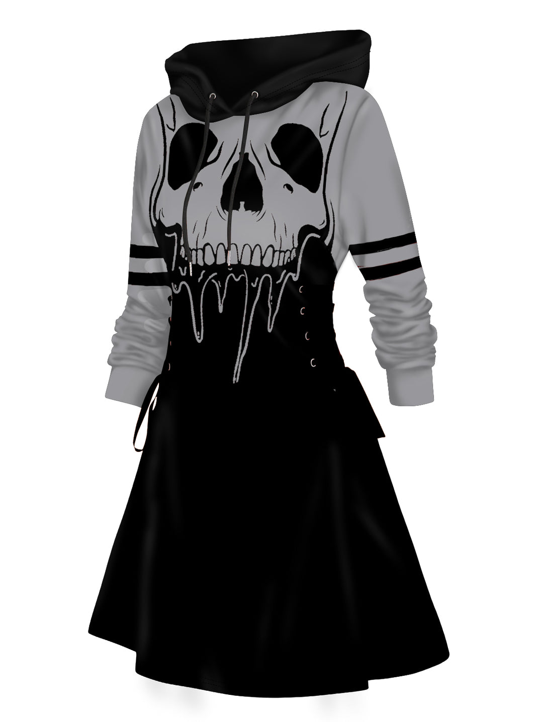 Skull Print Lace Up Colorblock Mini Hoodie Dress