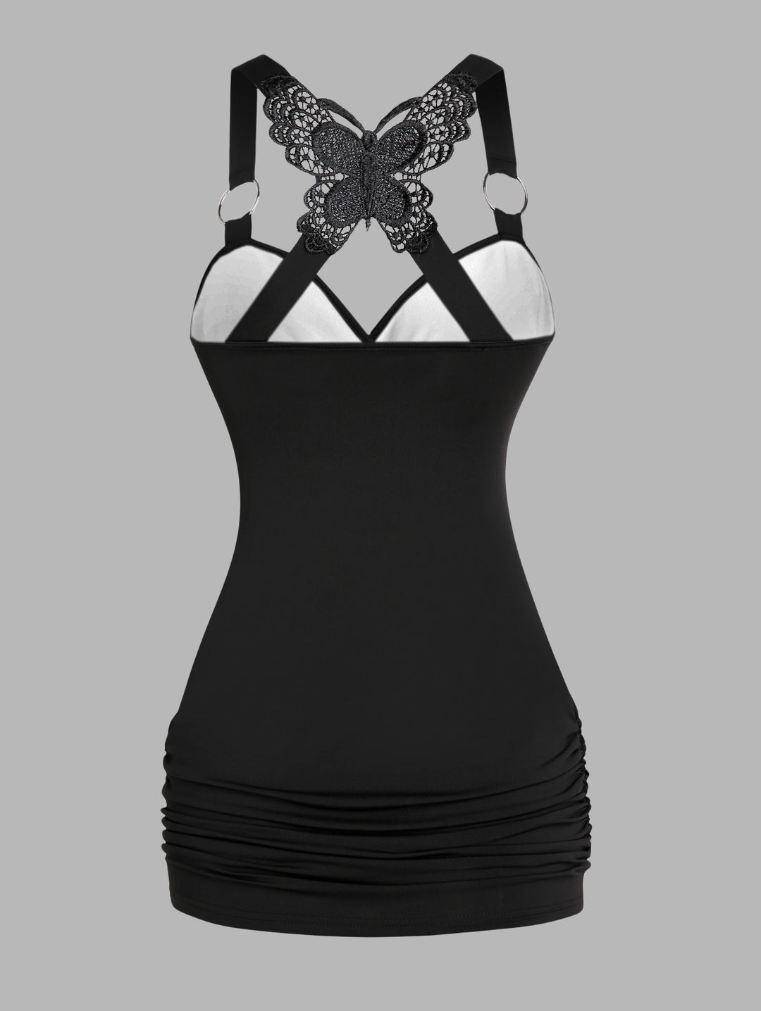 Gothic Butterfly Lace Ruched Surplice Tank Top - Skull & Pink Lotus Pattern