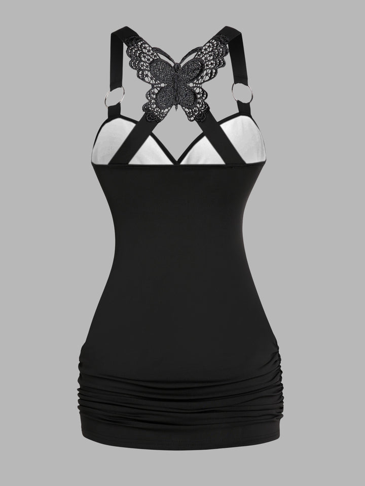Gothic Butterfly Lace Ruched Surplice Tank Top - Skull & Pink Lotus Pattern