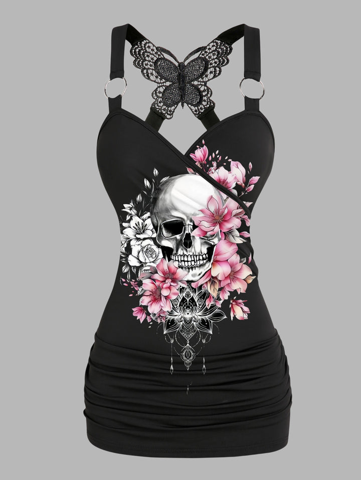 Gothic Butterfly Lace Ruched Surplice Tank Top - Skull & Pink Lotus Pattern
