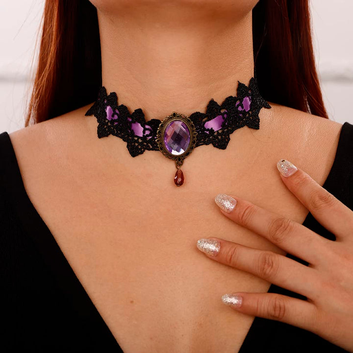 Gothic Choker Lace Colorblock Artificial Crystal Pendant Punk Necklace