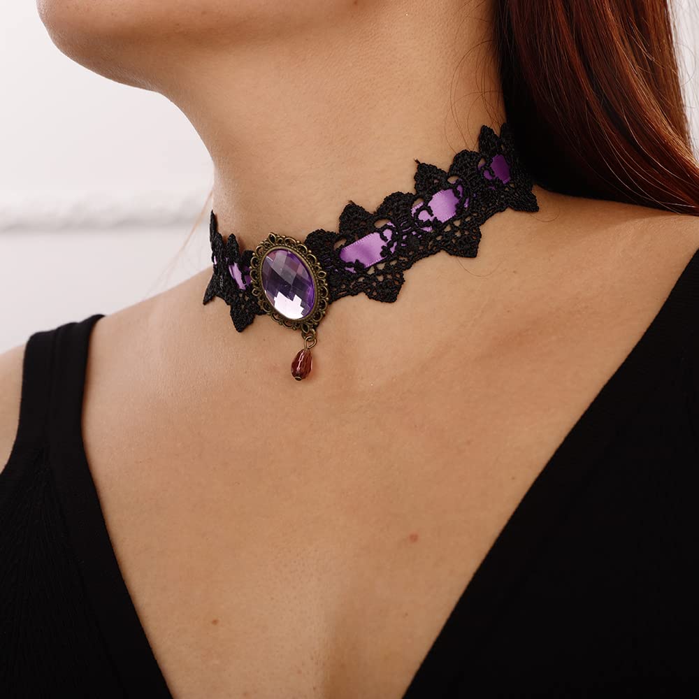 Gothic Choker Lace Colorblock Artificial Crystal Pendant Punk Necklace
